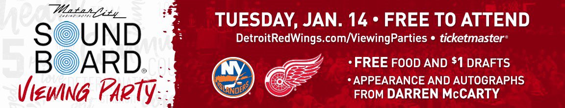 FanDuelSN_DET's tweet photo. The @DetroitRedWings are hosting a viewing party at @MotorCityCasino Hotel to watch the Wings battle the Islanders this Tuesday at 6 pm. Meet Red Wings alumni and enjoy food and drink discounts. Plus, it’s free to attend. Grab tickets at https://t.co/XwFvr0u83F. https://t.co/f2eMSxxkfo