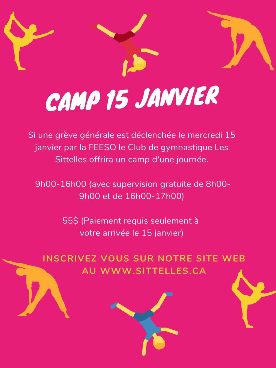 LesSittelles's tweet photo. Si un grève est déclenchée dans les écoles ce mercredi 15 janvier, 2020, le Club de gymnastique Les Sittelles offrira un camp pour la journée! https://t.co/DTB7WgiNyr
