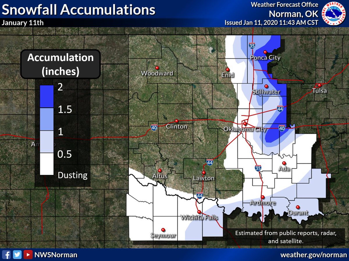 NWSNorman's tweet photo. With the snow moving out, here are the estimated snowfall accumulation totals. Western Oklahoma largely missed out, with only trace amounts observed in most of the OKC metro. Amounts increased east of there with up to two inches in some locations. #okwx https://t.co/jDpWZiRACZ