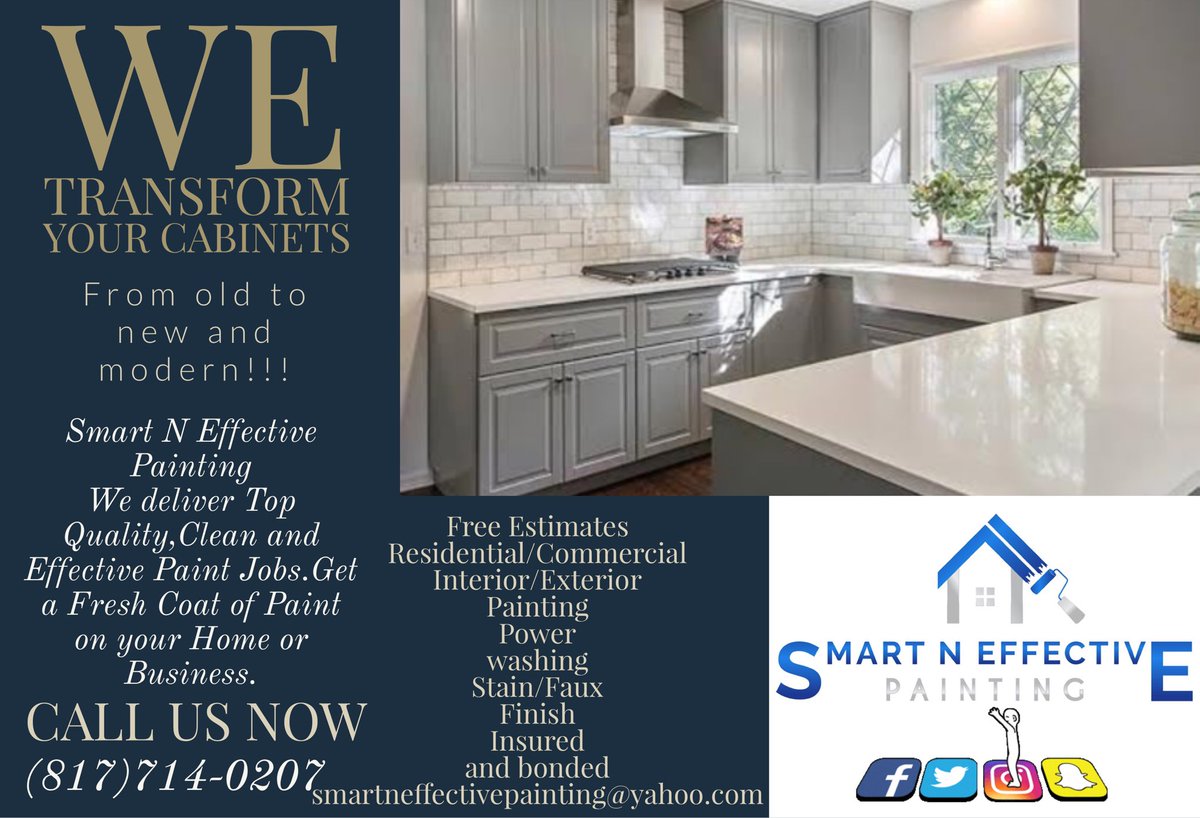 NEffective's tweet image. Tired of the Color of your Cabinets?
Let us transform them to a New and Modern look
without breaking the bank!!!
Call Us Now
(817)714-020
To Get A Free Estimate
