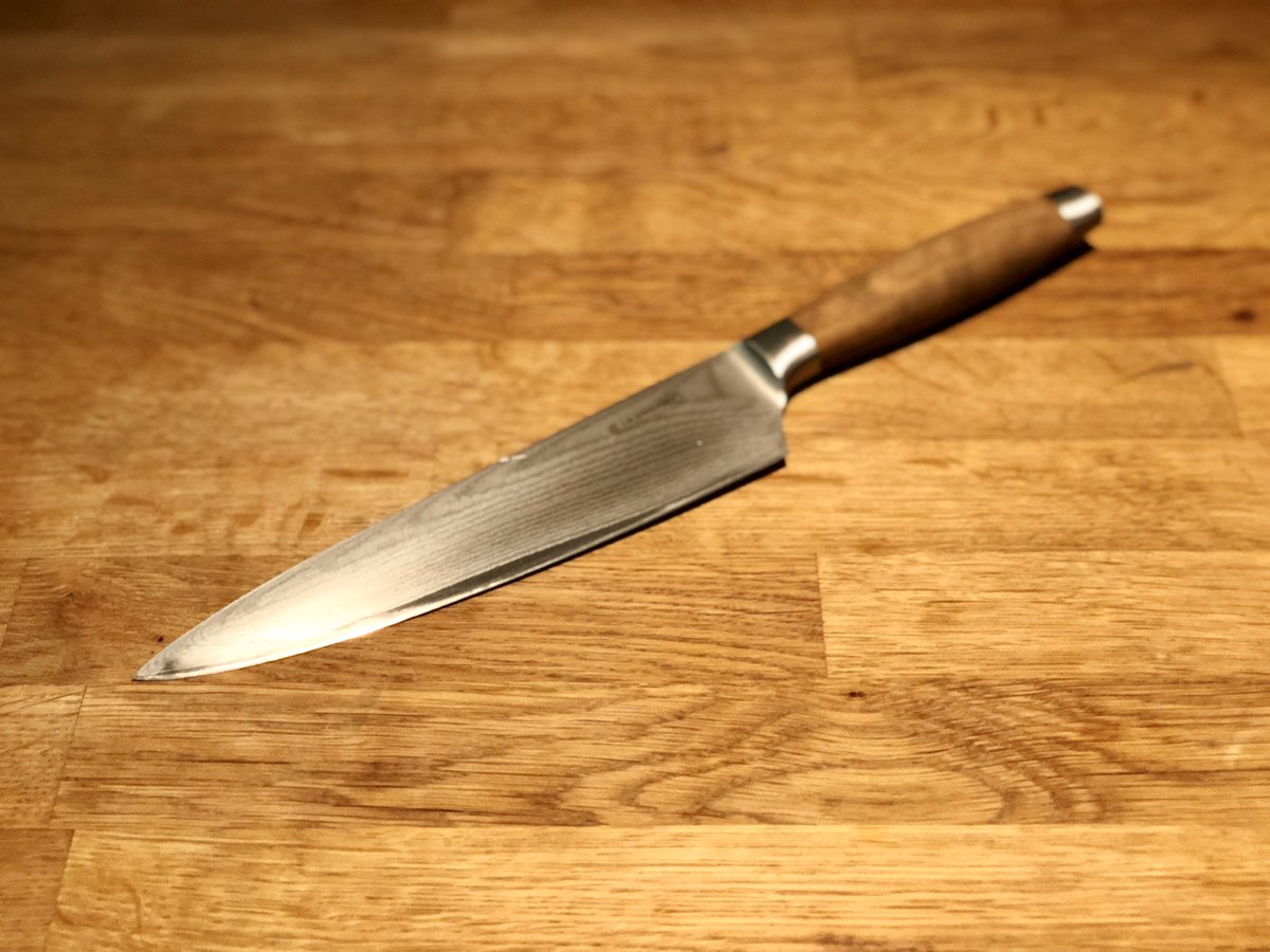 Closeup of a chef’s knife.