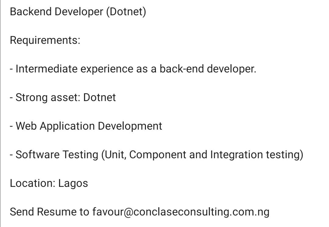 Fav3ur's tweet image. Multiple needs for #backend, #dotnet,
#Oracleplsql developers (very urgent) and
#Mobiledev with #flutter or #reactnative
Kindly send resume to favour@conclaseconsulting.com.ng
#techrecruiter #techjobs #frontenddeveloper #backenddeveloper #jobsinlagos #jobsearch
