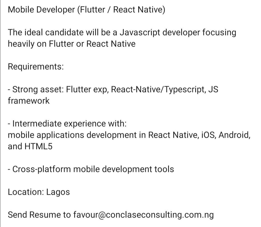 Fav3ur's tweet image. Multiple needs for #backend, #dotnet,
#Oracleplsql developers (very urgent) and
#Mobiledev with #flutter or #reactnative
Kindly send resume to favour@conclaseconsulting.com.ng
#techrecruiter #techjobs #frontenddeveloper #backenddeveloper #jobsinlagos #jobsearch