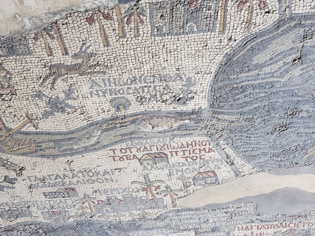 PastorJimLyon's tweet photo. Fish in Jordan River north of Dead Sea in ancient Madaba (Jordan) mosaic map of Holy Land, thought to identify place of Jesus' baptism. History, facts, and Christian faith all merge and find common ground in Holy Lands. #JordanRocks https://t.co/kOUAdvC3pP