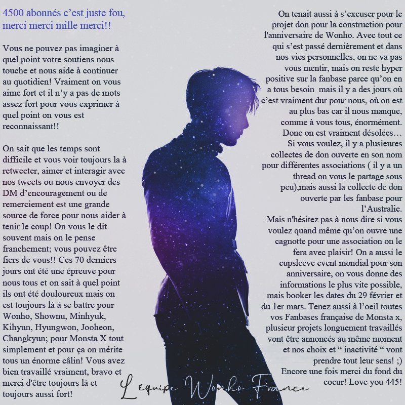 Wonho_France's tweet photo. Monbebe on a passé la barre des 4500 abonnés et on vous en est tellement reconnaissante! On espère avoir tout dit dans ce long texte mais on a dû surement oublier des choses haha. Sachez seulement qu'on vous aime fort. Vous êtes les meilleurs, toujours. 💙

L'équipe Wonho France. https://t.co/S7CF6Nqniy