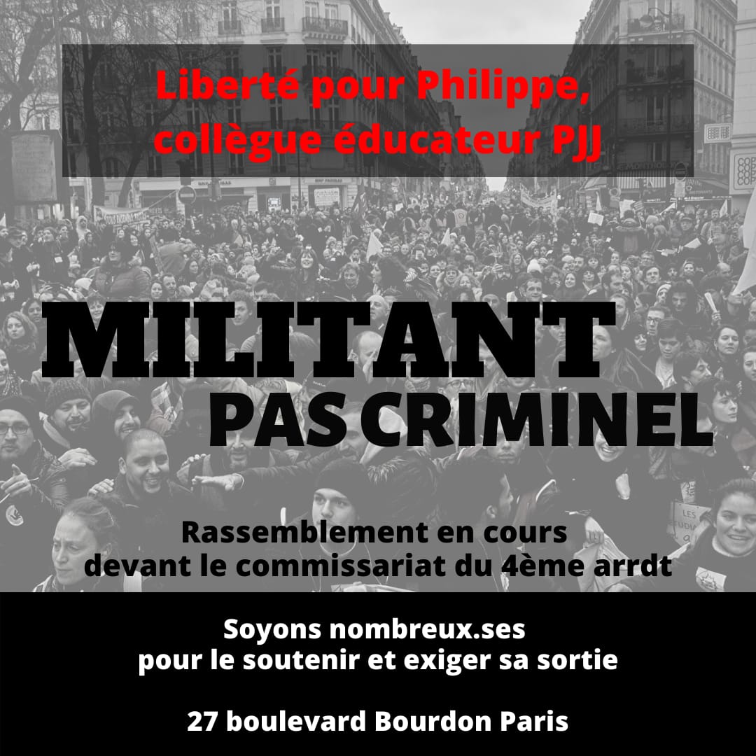 93Fsu's tweet photo. La #GAV au commissariat du 4ème de  Philippe, arrêté  ''pour l'exemple" est terminée !
Il milite au #SNPES-#PJJ, il est convoqué au TGI de Paris le 10 juillet. Nous continuons à lui apporter tout notre soutien.

#RépressionSyndicale @snpespjj https://t.co/7kEGJZlfym