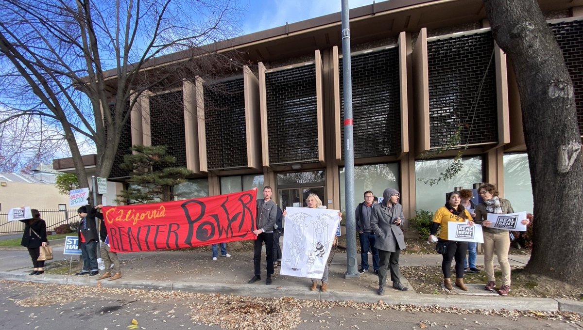 Sac_DSA's tweet photo. We joined Sacramento for Real Rent Control to crash Steve Hansen’s campaign launch to remind him that there won’t be a moment of peace until he puts our measure on the ballot. #RealRentControlNow #VibeCheck https://t.co/TClMmiZfQw