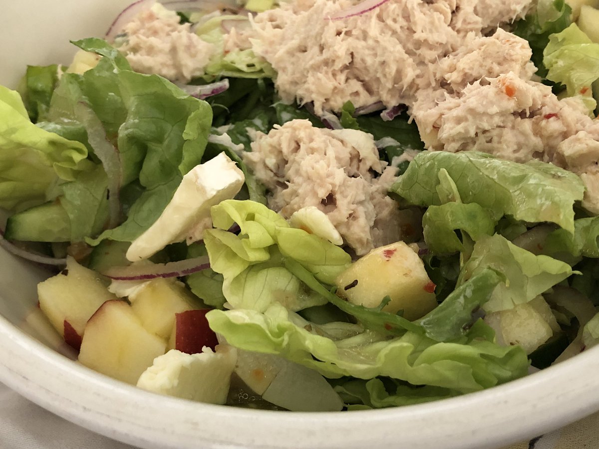 lovebasilsage's tweet photo. Epic salads take time to make, but they’re usually worth it. 

Eggless tuna salad
Cucumber moons
Thinly sliced red onion
Cubbed honey crisp apple
Brie, all on top of greens with zesty Italian dressing. https://t.co/ZKLIUSNvp5