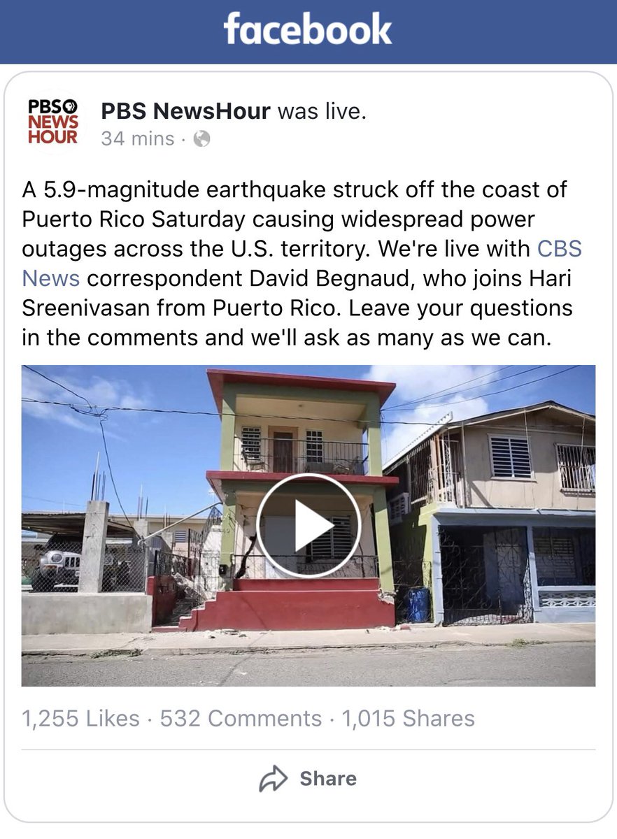 DavidBegnaud's tweet image. Here's a Facebook live that I just did with @hari of @NewsHour to talk about Puerto Rico. We were live when an aftershock happened. 1 family ran into the street. For 14 days now, Puerto Ricans have dealt with quakes. It's causing damage, &amp;amp; fear. 
facebook.com/newshour/video…