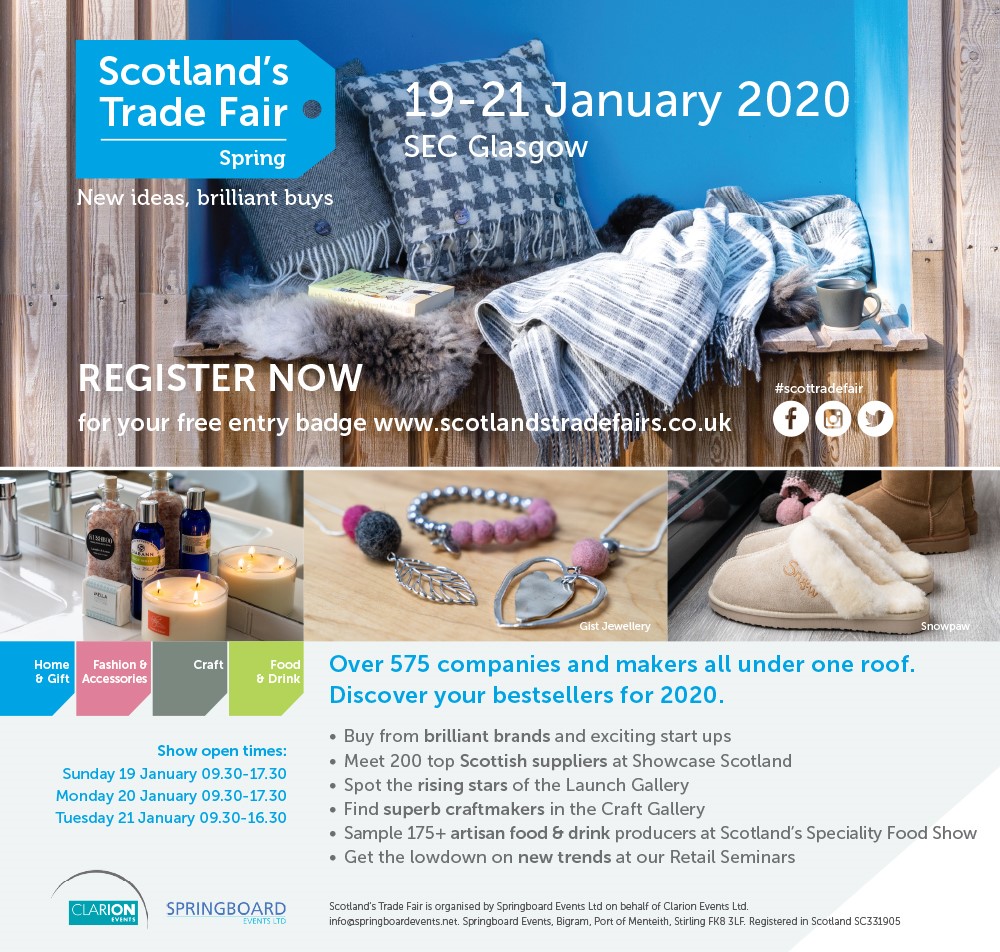 My first event of 2020 will be my annual trip to Glasgow for <a href="/ScotTradeFair/">Scotland's Trade Fairs</a>  19th-21st January.
I'm on Stand H26.
I hope to see you there!