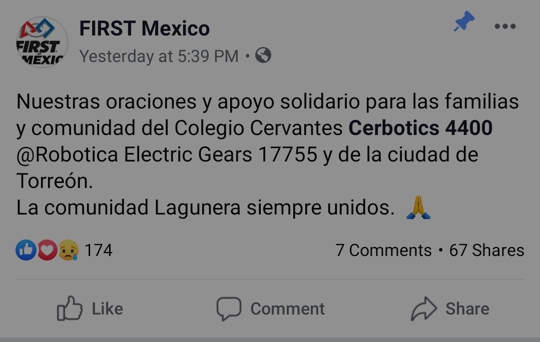 FLL44392's tweet photo. Prayers for @Cerbotics4400 and Electric Gears 17755 and all  those affected by the tragic event in Torreón. #morethanrobots #omgrobots https://t.co/odDfISLaii