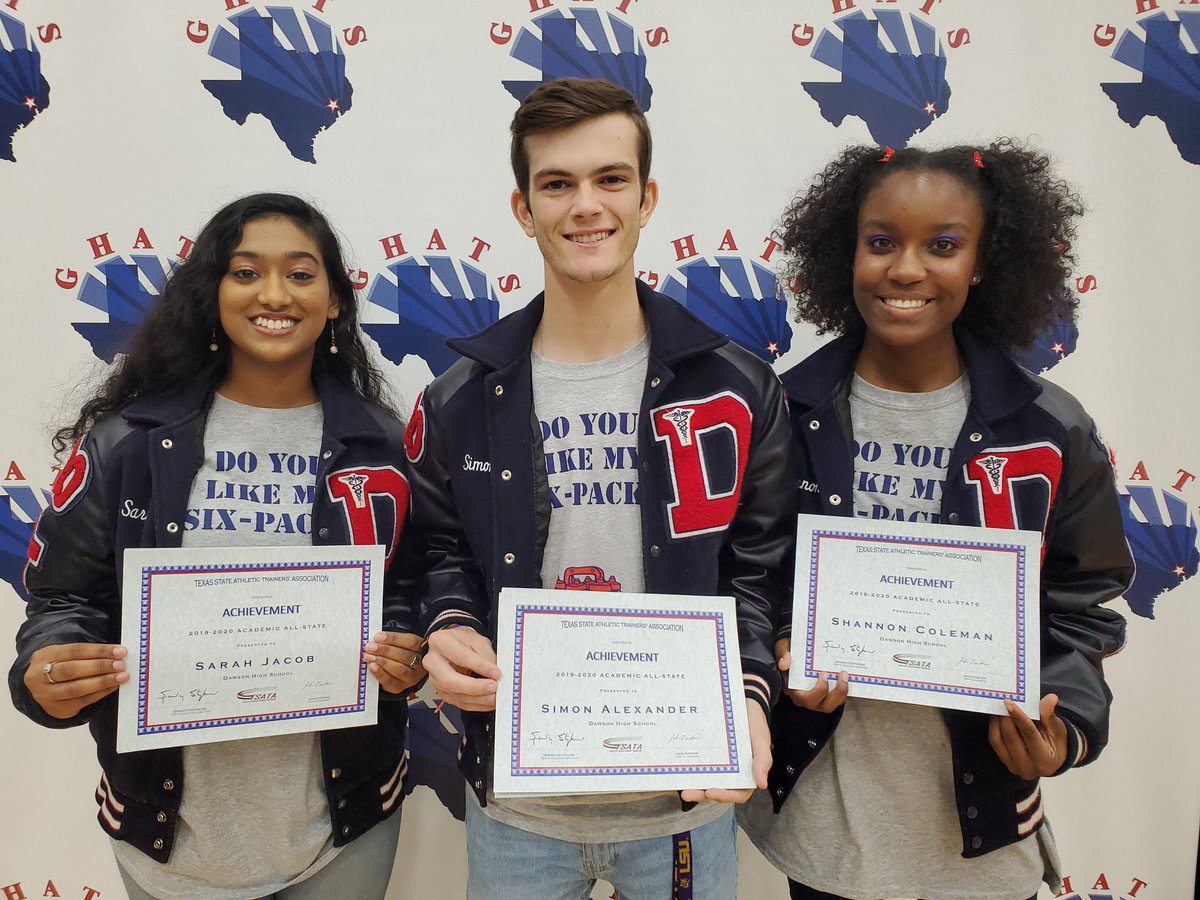 DHS_AT's tweet photo. 2020 Texas State Athletic Trainers Association Academic All-State Award winners. Sarah Jacob, Simon Alexander, and Shannon Coleman. @DawsonHighSchl @PearlandISD #GHATSWorkShop2020 https://t.co/hObnY5qIar