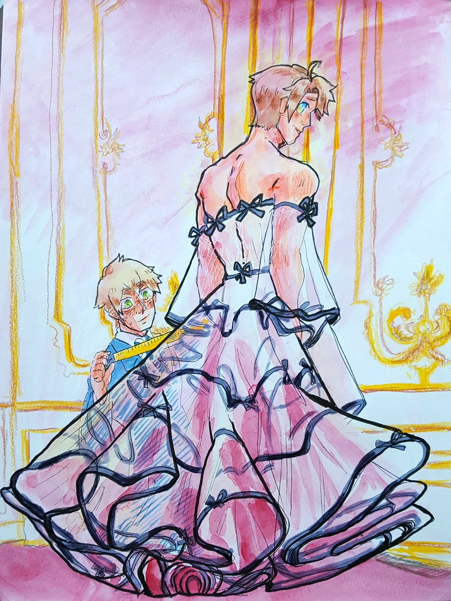 Commission for alifeasvivid of Alfred in a dress designed by @/alexismabille. Also, Arthur's there trying to get the measurements of his dress. :)