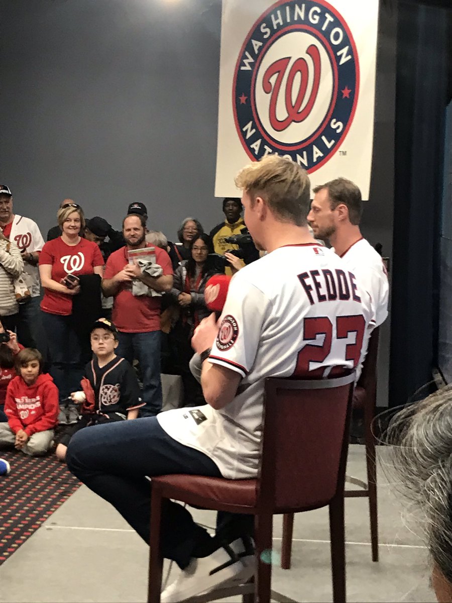 Coach_Campbell's tweet photo. Yes, @Max_Scherzer told kids one can drink beer through #WorldSeriesTrophy 😉. No confessions on who broke 2 flags on #CommissionersTrophy & couldn’t come to consensus who would win race around field, @treavturner, @Taylor_Michael3 or @Victor__Robles #Winterfest #Nats #Nationals https://t.co/uinlOaHThq