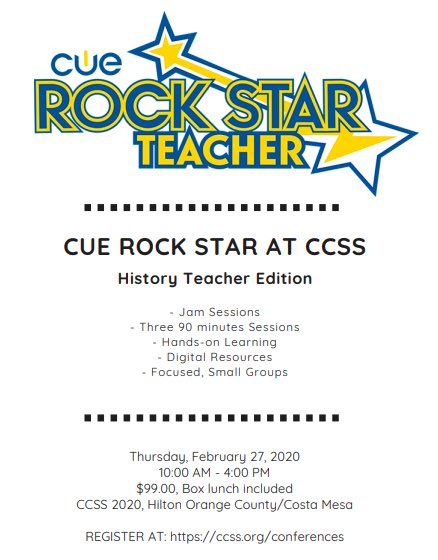 Hey So Cal & #CCSS20 history teacher- Have you signed up for the #CCSS20 CUE Rockstar? Sign up now! #sschat #cuerockstar ccss.org/conference