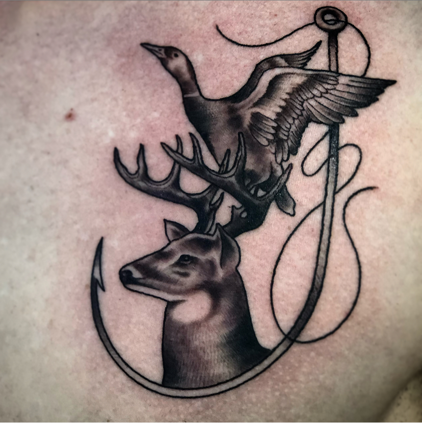Hunting, fishing, outdoors tattoo by Alex Gama. #huntingtattoo #blackandgreytattoo #deertattoo #ducktattoo #fishingtattoo #outdoorstattoo #igersjax #904tattoo #904tattooartist #jacksonvilletattooartist #jaxtattoos