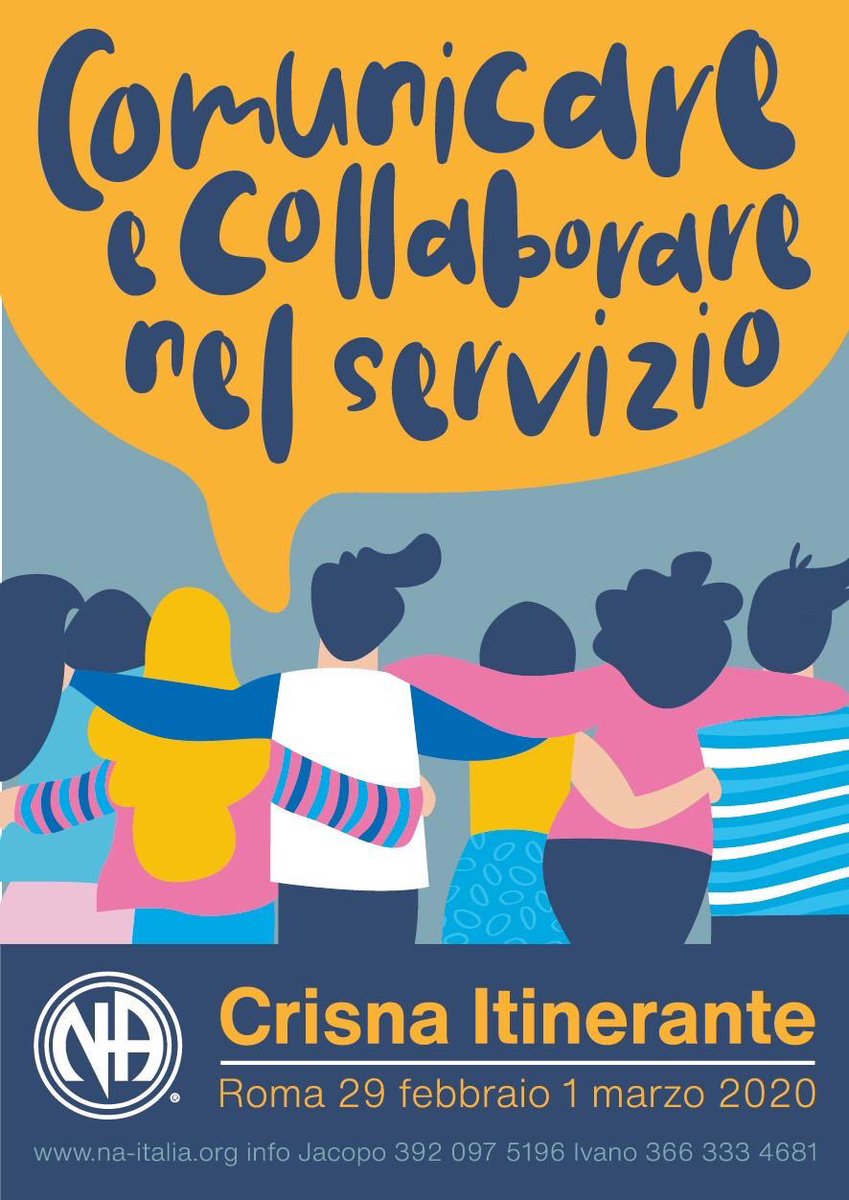 NA_Italia's tweet photo. Comunicare e collaborare nel servizio - CRISNA itinerante 2020

Dal 29 febbraio al 1º marzo a Roma si terrà il CRISNA itinerante del 2020.

Info e prenotazioni: https://t.co/FQQbc1QOUx

#narcoticianonimi #narcoticsanonymous #naworks #serviceisfun #CRISNA #NAItalia #succedearoma https://t.co/ccoge4cvKW