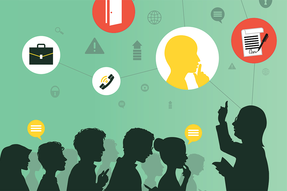 Silhouette of instructor and five students with icons for a telephone, briefcase, document, doorway, fist, camera, and person with finger to lips