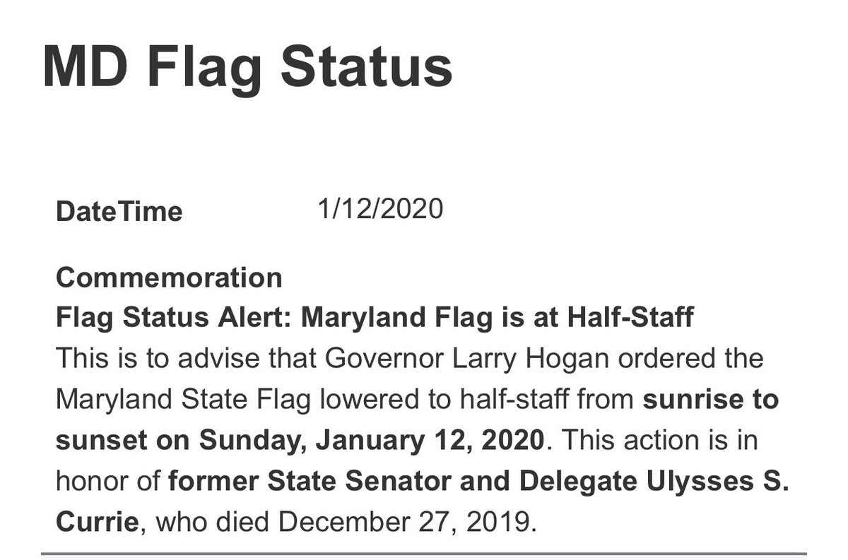 In honor of my late father-in-law, MD Star Senator Ulysses Currie, <a href="/GovLarryHogan/">Governor Larry Hogan</a> has ordered the MD State flag to be flown at half-staff tomorrow. Ulysses was a phenomenal man who was loved and respected by so many. Our thanks to the Governor for honoring our beloved!