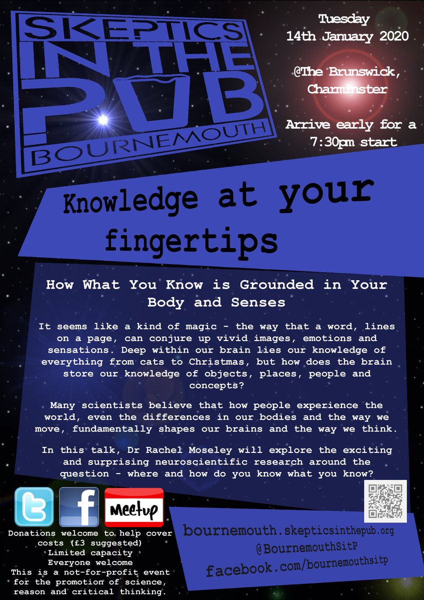 BournemouthSitP's tweet photo. 'Knowledge at your fingertips: How what you know is grounded in your body and senses' with Dr Rachel Moseley.

Tues 14th Jan, 7.30pm at the Brunswick.

All welcome.
https://t.co/g5XWyzvxvA https://t.co/zl3wmQGfHh