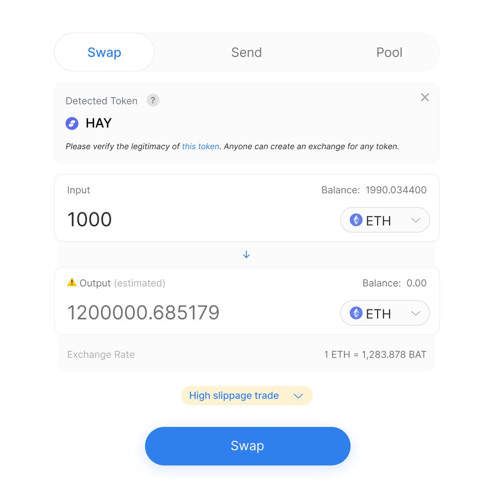 <a href="/ChrisBlec/">ChrisBlec</a> @UniswapExchange Thoughts on this in-progress UX work for when arbitrary tokens are pasted in or linked :)

(imagine the output token is HAY not ETH)