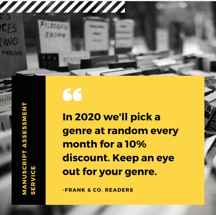 FrankCoReaders's tweet photo. In 2020 we’ll pick a genre at random every month for a 10% discount. List your genre below ✏️ #manuscriptassessment #firstdraft #roughdraft #edit #structuraledit https://t.co/M2MGnbSd6t