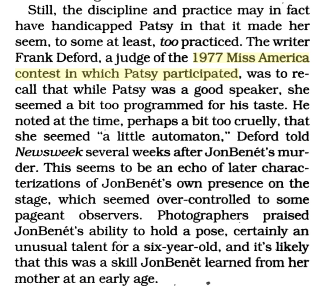 Also, excerpts like this make me think mistakes were made and tracks are being covered.I have seen this excerpt many times before from a Miss America Judge the same year that Patsy competed. Note the year, he recalls that Patsy seemed "too programmed" and "a little automation".