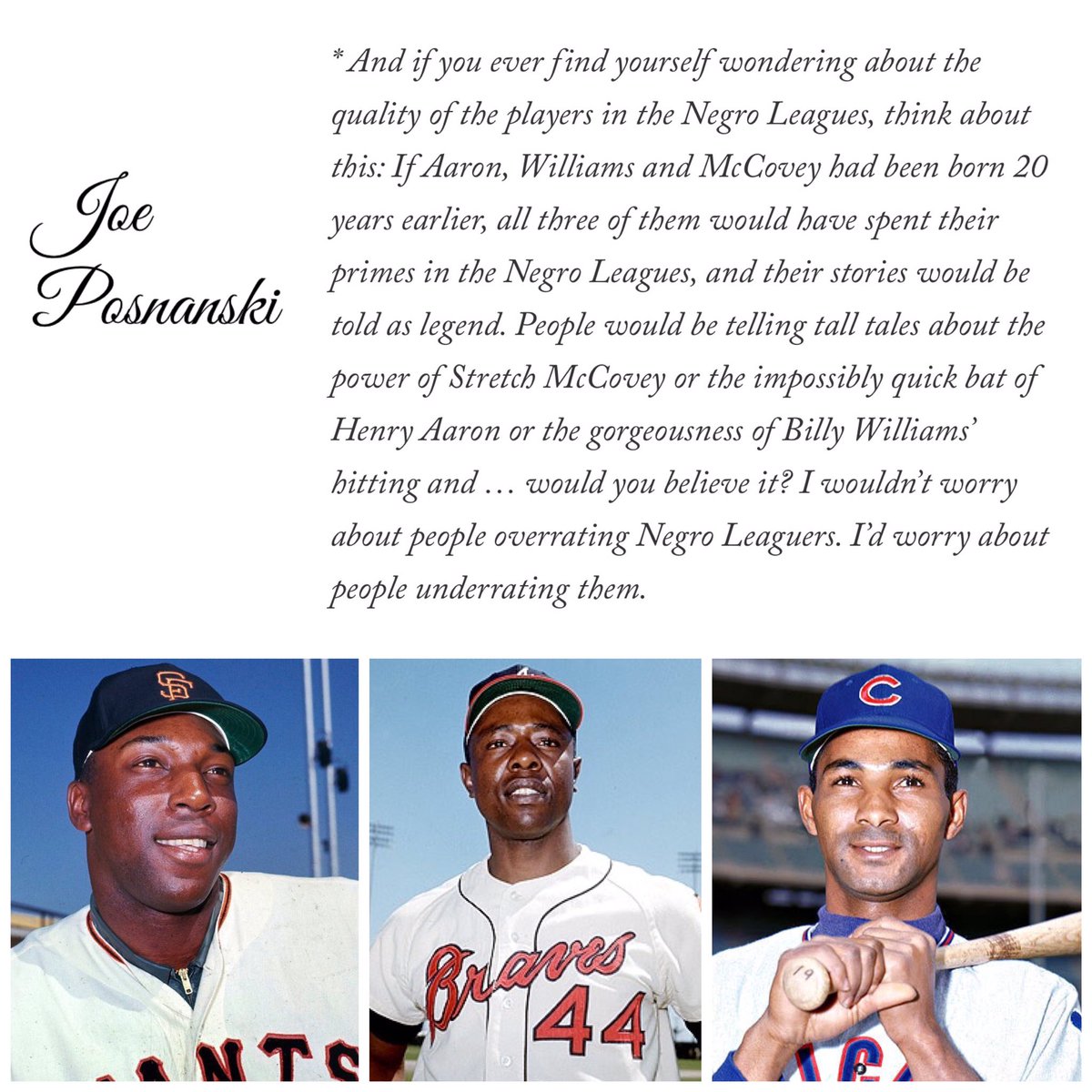 My brother, <a href="/JPosnanski/">Joe Posnanski</a>, channeling his inner Buck O’Neil with this beautiful quote on the talent of the Negro Leagues as part of his great piece on Willie McCovey, #76 in Joe’s Top 100 Greatest Players countdown for the <a href="/TheAthletic/">The Athletic</a>! <a href="/vgregorian/">Vahe Gregorian</a> <a href="/MLB/">MLB</a> <a href="/Royals/">Kansas City Royals</a>