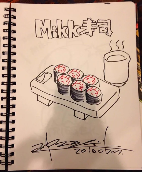 Explain your @

Went to a signing for Trigger. Shigeto Koyama decided to draw people's favorite food as autographs. I said makizushi. He saw my name was Mikk and decided to make the pun. https://t.co/pdiuOnLLOc 