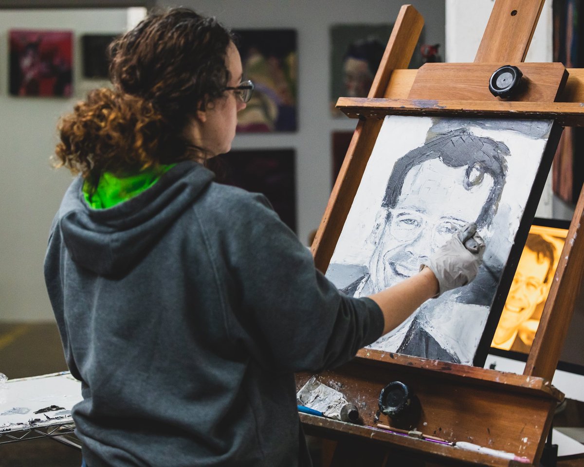 WesternAveArts's tweet photo. Beth Campbell, painter from our first floor A-Mill section of the building. She brings her unique perspective and intentional details to every painting of hers. You can find Beth in studio A109, during First Floor Final Fridays and Open Studios. #westernavearts #paintersoftwitter https://t.co/YGnc4Jz52s