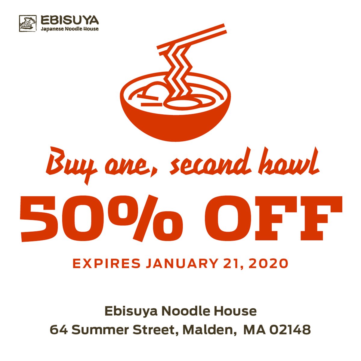 ebisuyamarket's tweet photo. Buy one, second bowl  50% OFFwith this coupon

@ Ebisuya Japanese Noodle House 64 Summer street, Malden Expire Janurary 21, 2020 https://t.co/vxBFh0WLcH https://t.co/GWYFYWI5GQ