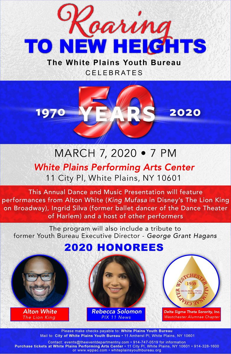 wpyouthbureau's tweet photo. We're ROARING to New Heights for our #50thAnniversary!
We're honoring @WhiteAlton of #TheLionKing, @RebeccaRSolomon of #pix11, and @DSTWestchester.
Expect outstanding performances from Alton White, @ingridsilva and a host of other performers.
#WPYB #share https://t.co/guM0wM7Mpp