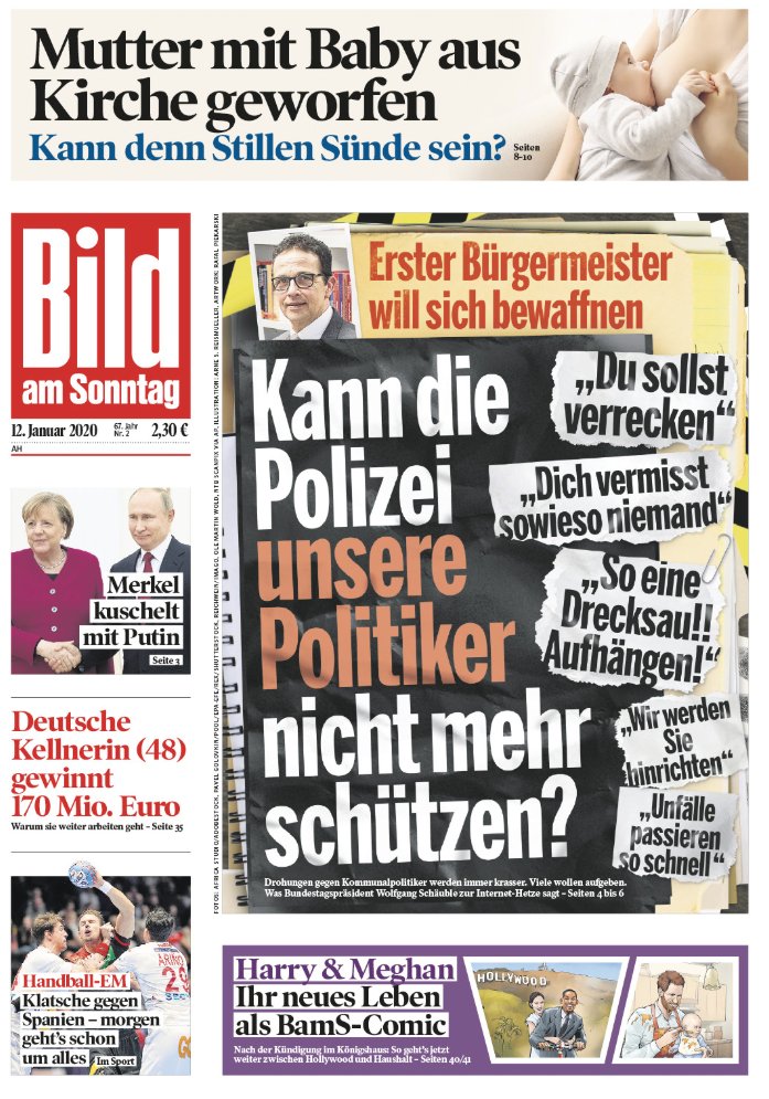 Die neue BamS ist fertig. Das ist unsere Titelseite. Themen u. a.: Kann die Polizei unsere Politiker nicht mehr beschützen? +++ Kellnerin gewinnt 170 Mio. Euro +++ Debatte über Stillen in der Öffentlichkeit