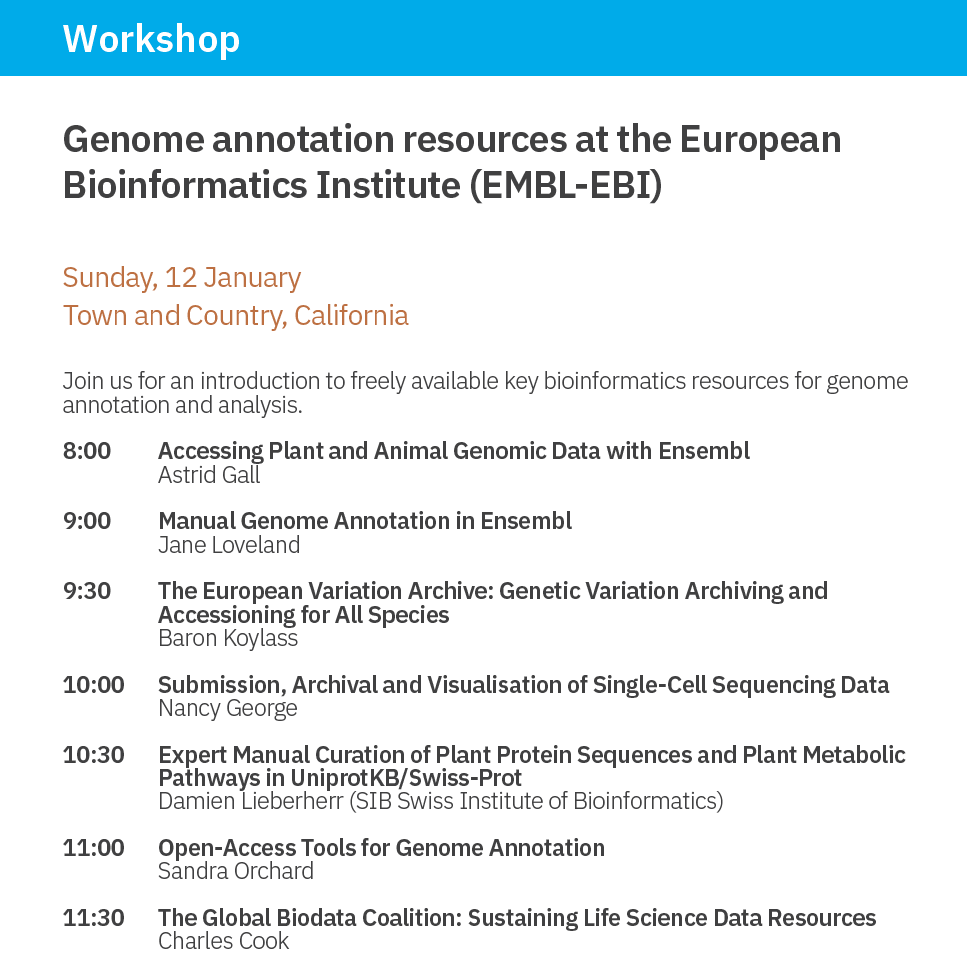 emblebi's tweet image. Don’t miss our interactive workshop on #openaccess #genomeannotation resources at #PAGXXVIII. Come along to the California room on 12 Jan from 8:00–11:30 to find out more and ask any questions you may have about @ensembl, @uniprot, @evarchive and @ExpressionAtlas