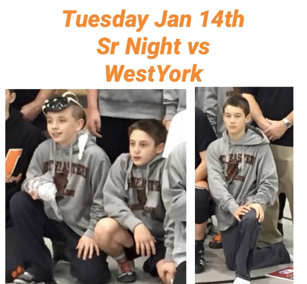 Tuesday Night January 14th. Sr Night and Youth Night come out and support our 3 senior wrestlers and 2 senior Managers. <a href="/TommyGwell/">Tom Gradwell</a> <a href="/colew960/">Cole Wilson</a> Ryan Hussey <a href="/j_rath14/">jocelyn</a> <a href="/bethanyy_6/">bethany</a>