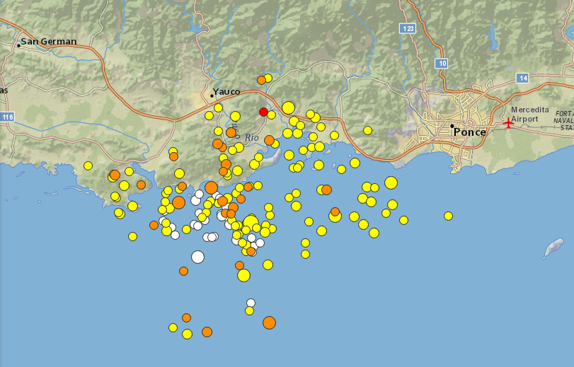 USGS's tweet photo. In Puerto Rico, earthquakes are more active than normal. These earthquakes, also called aftershocks, are occurring near the mainshock and are part of what we call a sequence. 1/5 https://t.co/wgNNVLZfHk