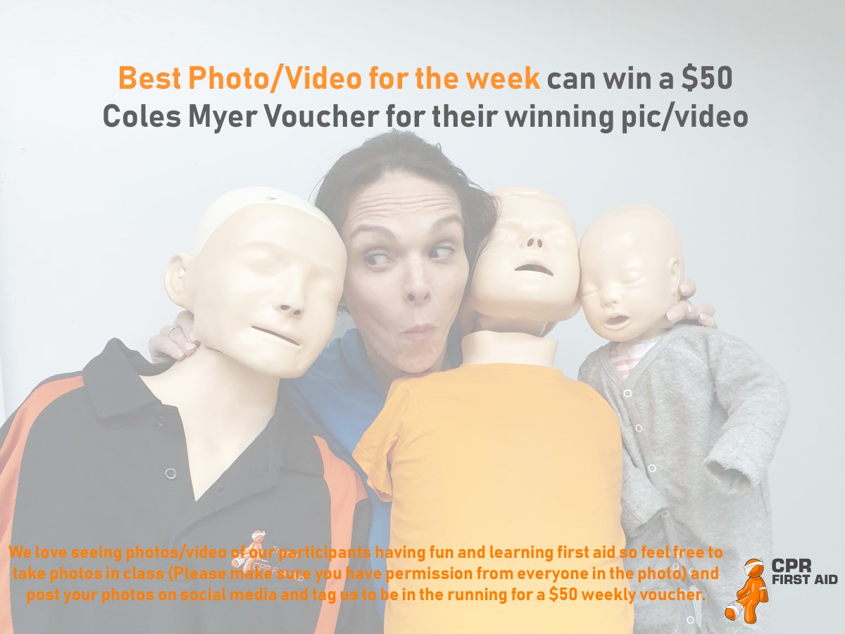 CPR_First_Aid's tweet image. We have a weekly Best Photo/Video $50 Coles Myer Voucher to give out because we love seeing you guys have fun in our classes. If you leave a post and comment the winning pic/video from our first aid class then you are in the running to win a $50 voucher. Announced weekly.
