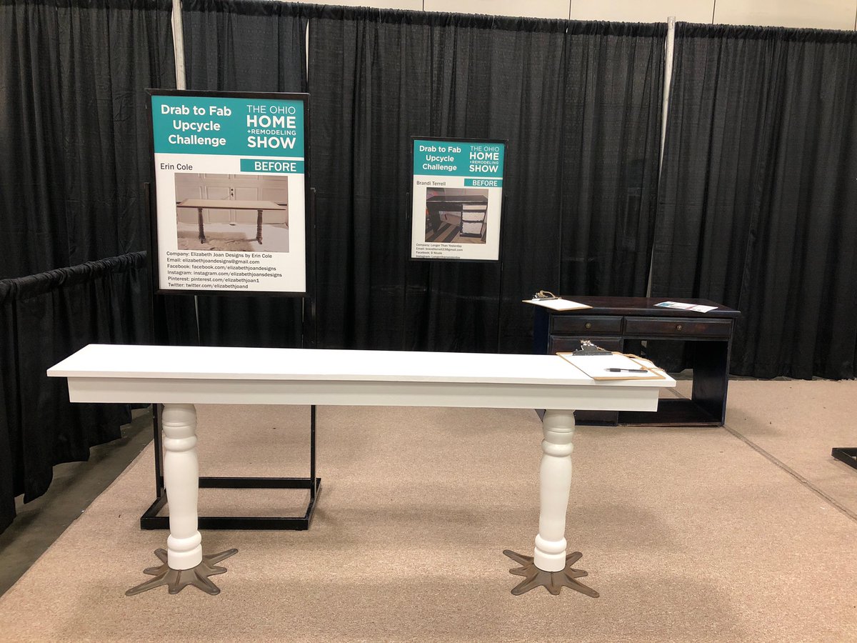 Don’t forget to bid on your favorite “Drab To Fab” upcycle piece! ✨All proceeds will be donated to @habitatmidohio 🔨 Which one would you love to take home?? #ohiohomeshow #drabtofab #upcycledfurniture #habitatforhumanity