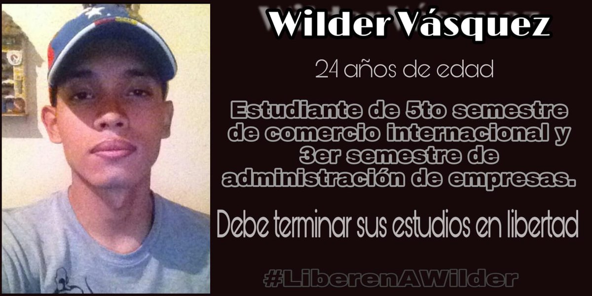 apichardob's tweet photo. Wilder Vásquez es un joven de 24 años de edad, que cursaba el 5to semestre de Comercio internacional y 3er semestre de administración de empresas. Fue detenido el 11/10/2018 #LiberenAWilder https://t.co/Iculc8AEca