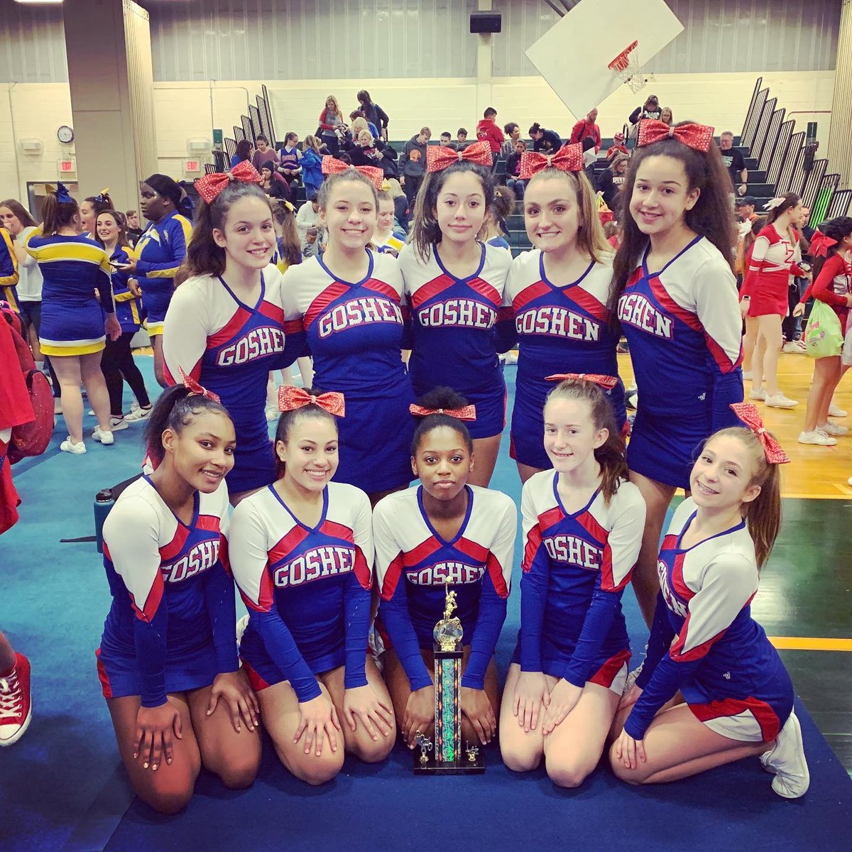 GCSDAthletics's tweet photo. BREAKING: Goshen JV and Varsity Cheer place 1st at the Minisink competition. https://t.co/izKVvaEOID