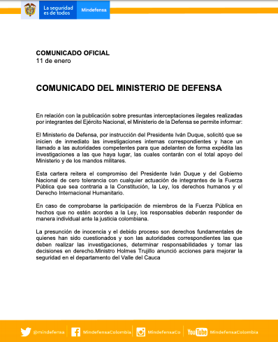 charoguerra's tweet photo. Comunicado del @mindefensa en relación con la publicación de @RevistaSemana sobre presuntas interceptaciones ilegales realizadas por integrantes @COL_EJERCITO https://t.co/JjiemUorrn