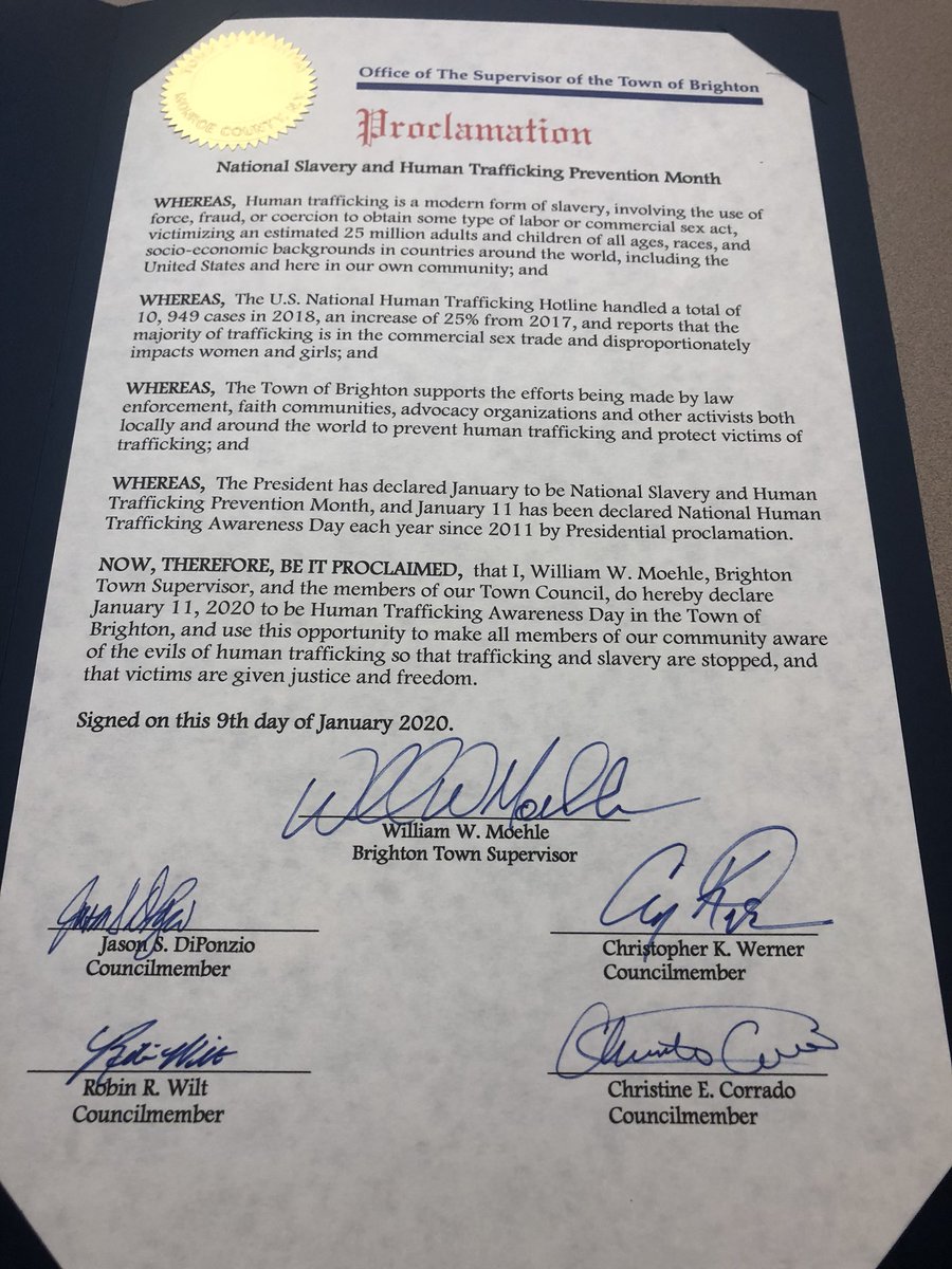 BillMoehle1's tweet photo. I presented this @townofbrighton Board resolution recognizing #HumanTraffickingAwarenessMonth at an event held by Roch. Regional Coalition Against Human Trafficking on #HumanTraffickingDay. Remember, #YesHere. Human trafficking happens everywhere. https://t.co/aprvSqQerB