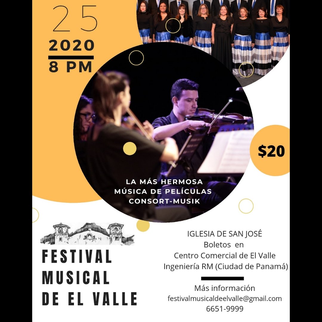 El Coro Música Viva, dirigido por la Maestra Paola Cuéllar, con repertorio de Bach,Mozart, Fauré, Saint Saens y mucho más y Consort-Musik con la más hermosa música de películas de John Williams, Nino Rota o Enio Morricone, este sábado 25 de enero.