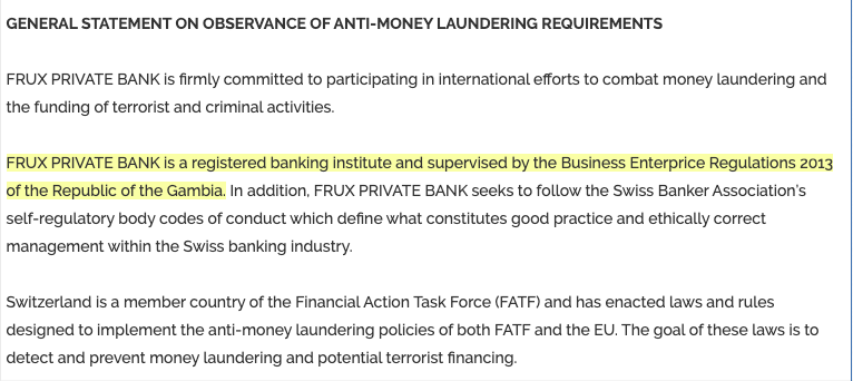 So where do you reckon  #fruxprivatebank is prudently regulated?  #gambia of course. But they also seek to follow the Swiss self regulatory code ... really please who writes this stuff.