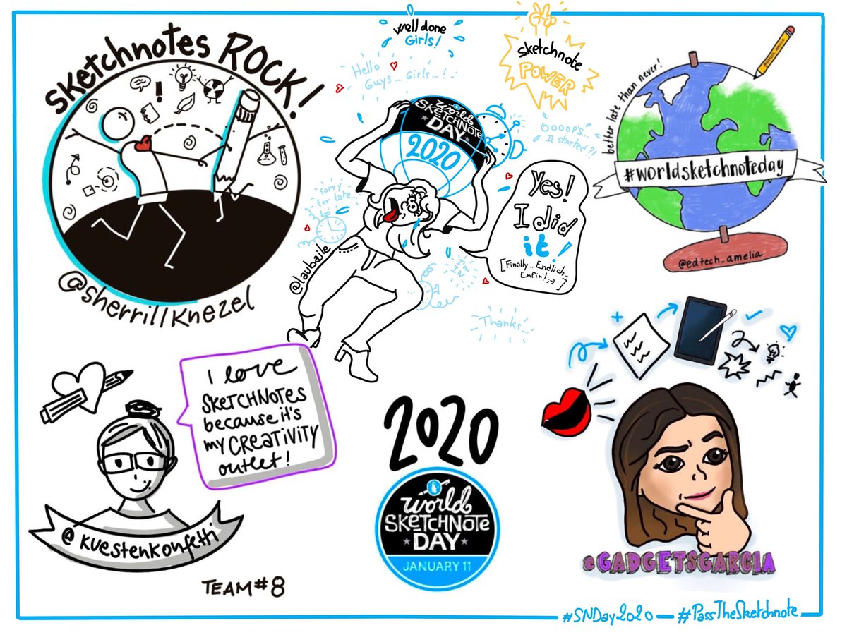 Hi #team8 of #PassTheSketchnote ! Sorry for being late... Nice to meet you @GadgetSGarcia @kuestenkonfetti @sherrillknezel and @MAKERbraekit / @edtech_amelia ; your Sketchnotes ROCK indeed ! #sketchnote POWER ! :-) #worldsketchnoteday #SNDay2020