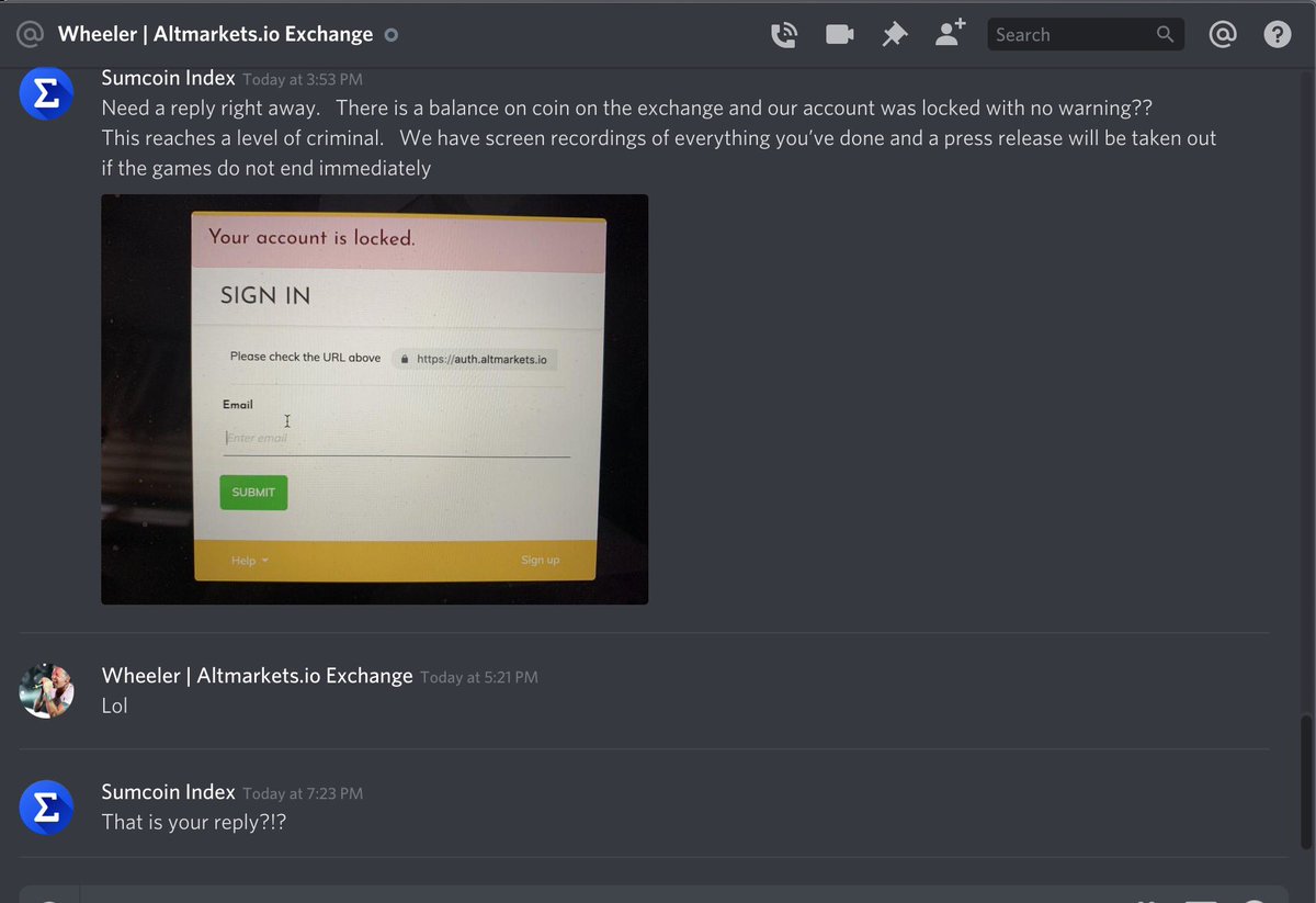 SumcoinIndex's tweet photo. 🚨🚨CONFIRMED 🚨🚨@AltmarketsEX IS A SCAM EXCHANGE - VERIFIED THEFT AND THEY LAUGH

@coingecko @CoinMarketCap @coinpaprika 

DO NOT ACCEPT DATA FROM THIS SCAM!

See images.   Over .25 BTC stolen by locking this account alone.  They did this to many #sumcoin holder accounts https://t.co/erlIANi9sr