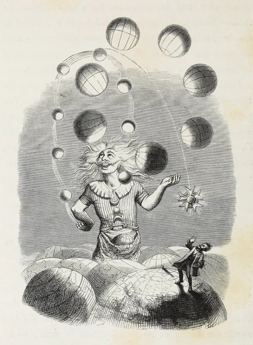 "The Juggler of Universes", 1844. By French artist, J. J. Grandville (1803-1847). A colored version by Richard Gray was used as cover art for Queen's final album (with Freddie Mercury that is), INNUENDO (1991). 