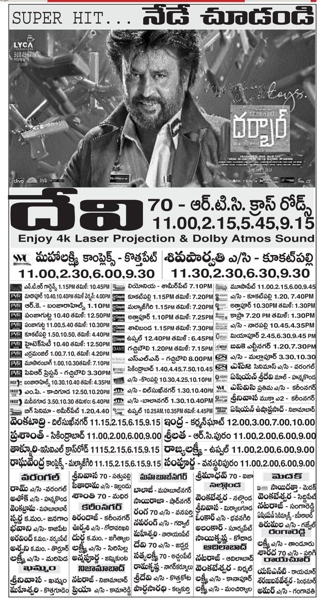 GKReddie's tweet image. 12/01/2020
Nizam theater list 

#AlaVaikunthapurramloo 
Day1 -  203 screens

#SarileruNeekevvaru 
Day2 - 193 screens

#Darbar
Day4 - 100 screens 

#AlluArjun 
#MaheshBabu 
#Rajinikanth 

#SLN #AVPL 

#SarileruNeekevaru 
#AlaVaikuntaPuramLo 

#SuperStar 
#StylishStar 
#Thalaiva