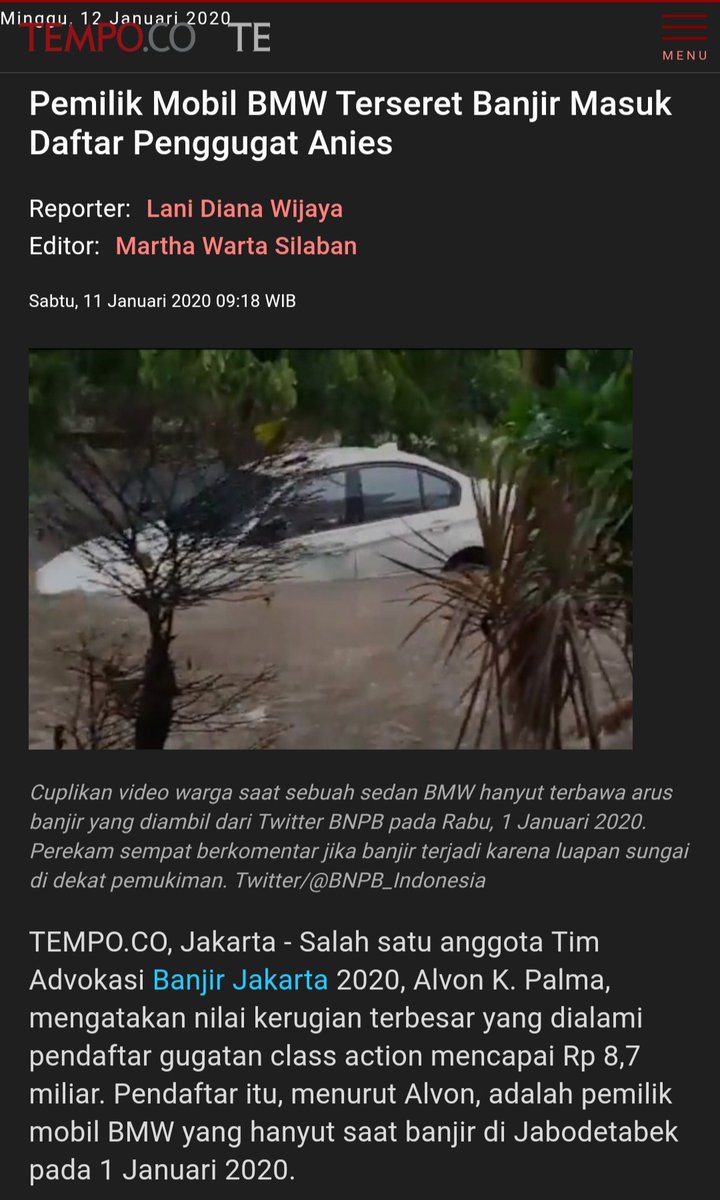 Pemilik BMW warna putih, bernama Sagita, mobilnya sedang terparkir di garasi rumah turut terseret arus banjir. 
Rumah Sagita di Laverde SERPONG, TANGERANG SELATAN, PROV. BANTEN.
#Nalar *Locus Delicti* ?!
Gugatnya ke @aniesbaswedan Gubernur Provinsi #DKIJakarta 😂