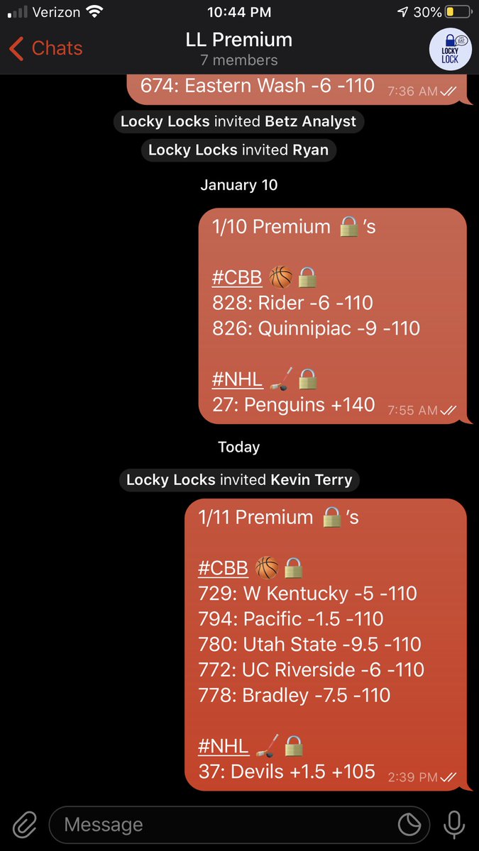 1/11 Premium 🔒’s Results

#CBB 🏀🔒
729: W Kentucky -5 -110 ✅
794: Pacific -1.5 -110 ❌
780: Utah State -9.5 -110 ✅
772: UC Riverside -6 -110 ✊🏼
778: Bradley -7.5 -110 ✅

#NHL 🏒🔒
37: Devils +1.5 +105 ✅

4-1-1